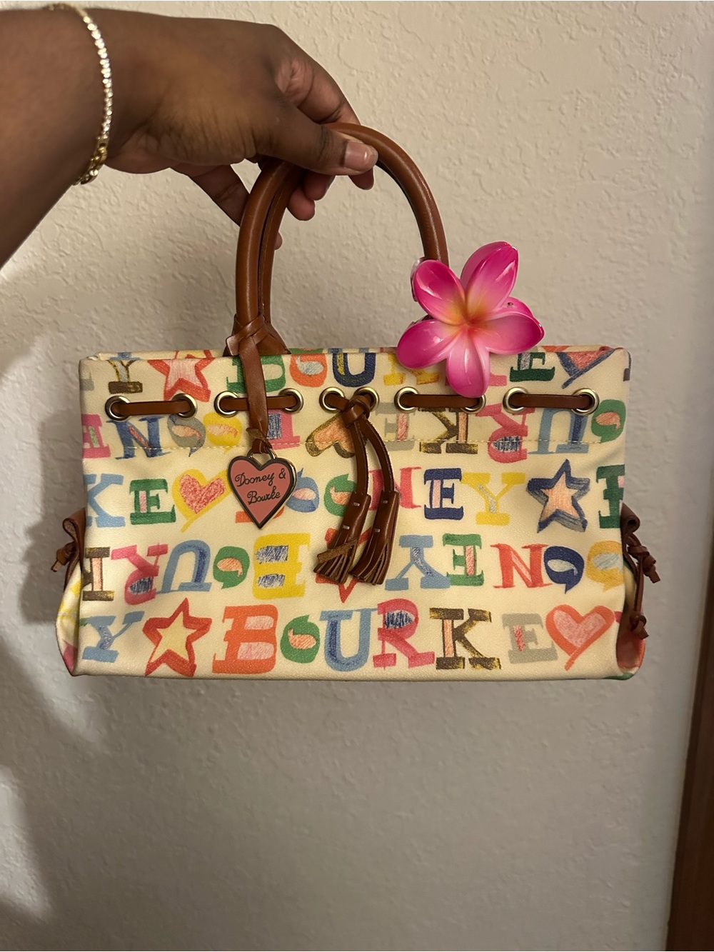 Dooney & Bourke Multicolor Logo Canvas Satchel with Brown Leather Trim